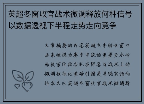 英超冬窗收官战术微调释放何种信号以数据透视下半程走势走向竞争